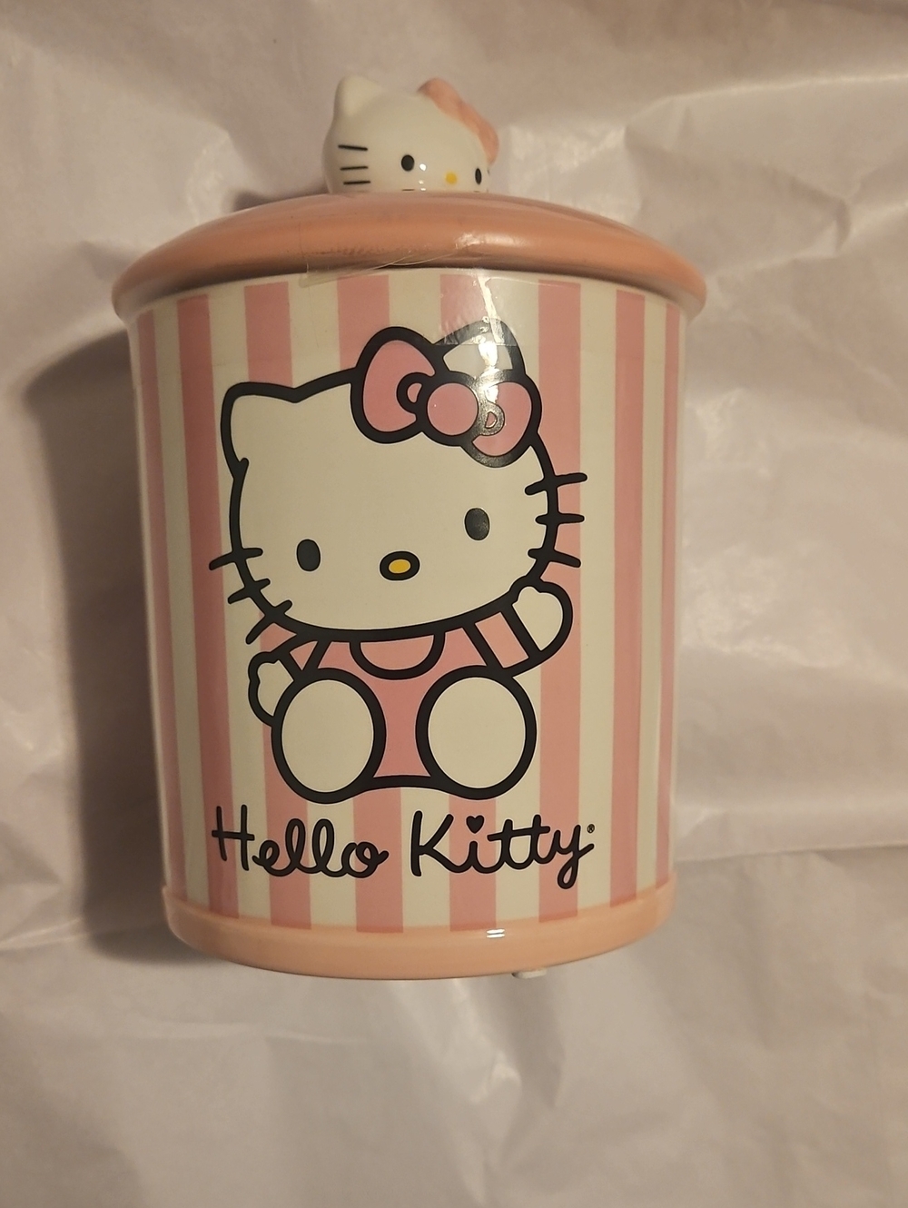 New-Hello Kitty Pink and White Striped Ceramic Jar with Character Lid